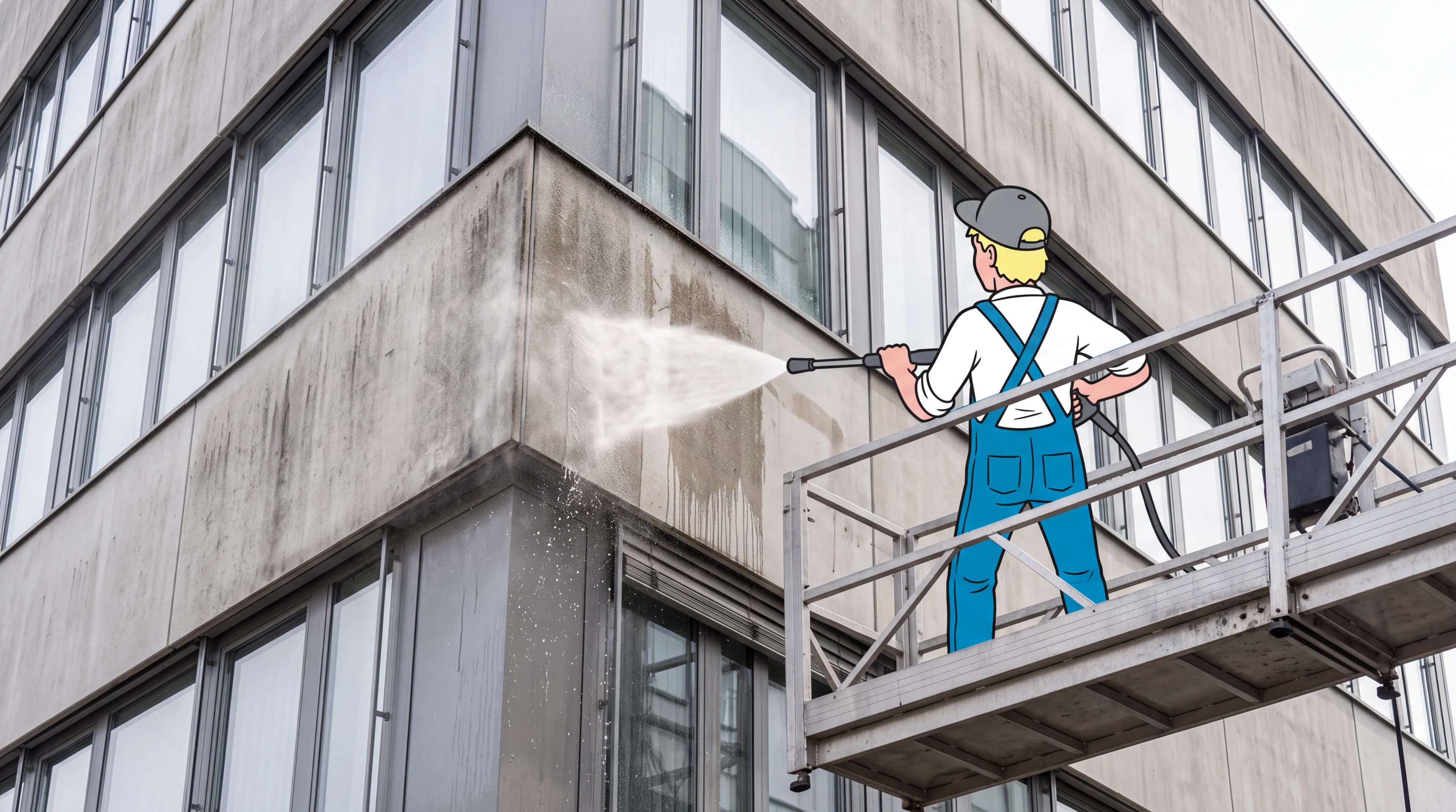 Facade cleaning on a modern office building with a hot-water pressure lance
